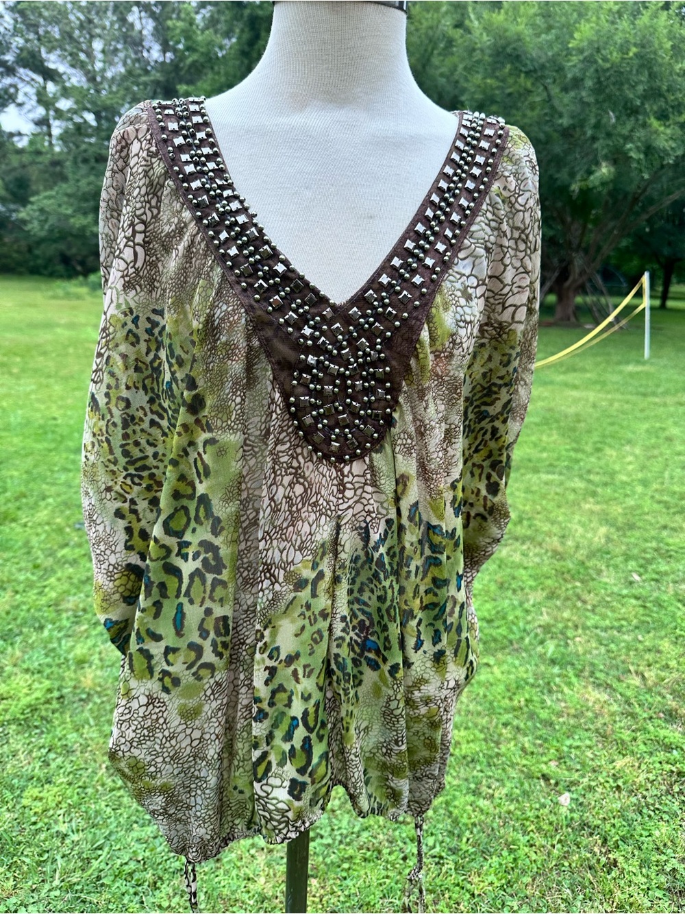 NY Collection Green and Brown Floral-Print Blouse